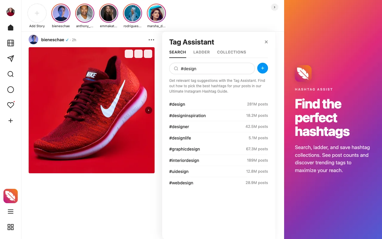Hashtag assistant and AI caption flow